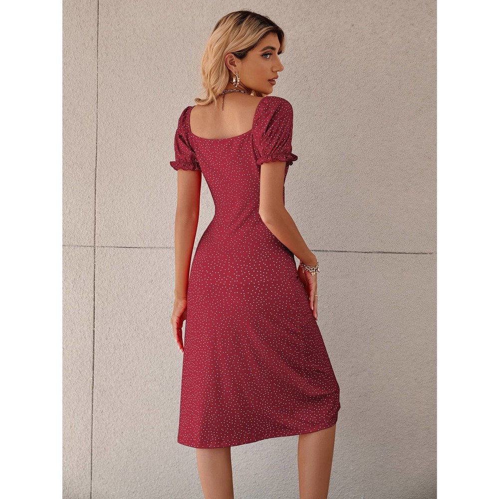 Polka Dot Puff Sleeve Tie Front Ruched Bust Slit Hem midi Dress red - Picture 2 of 11